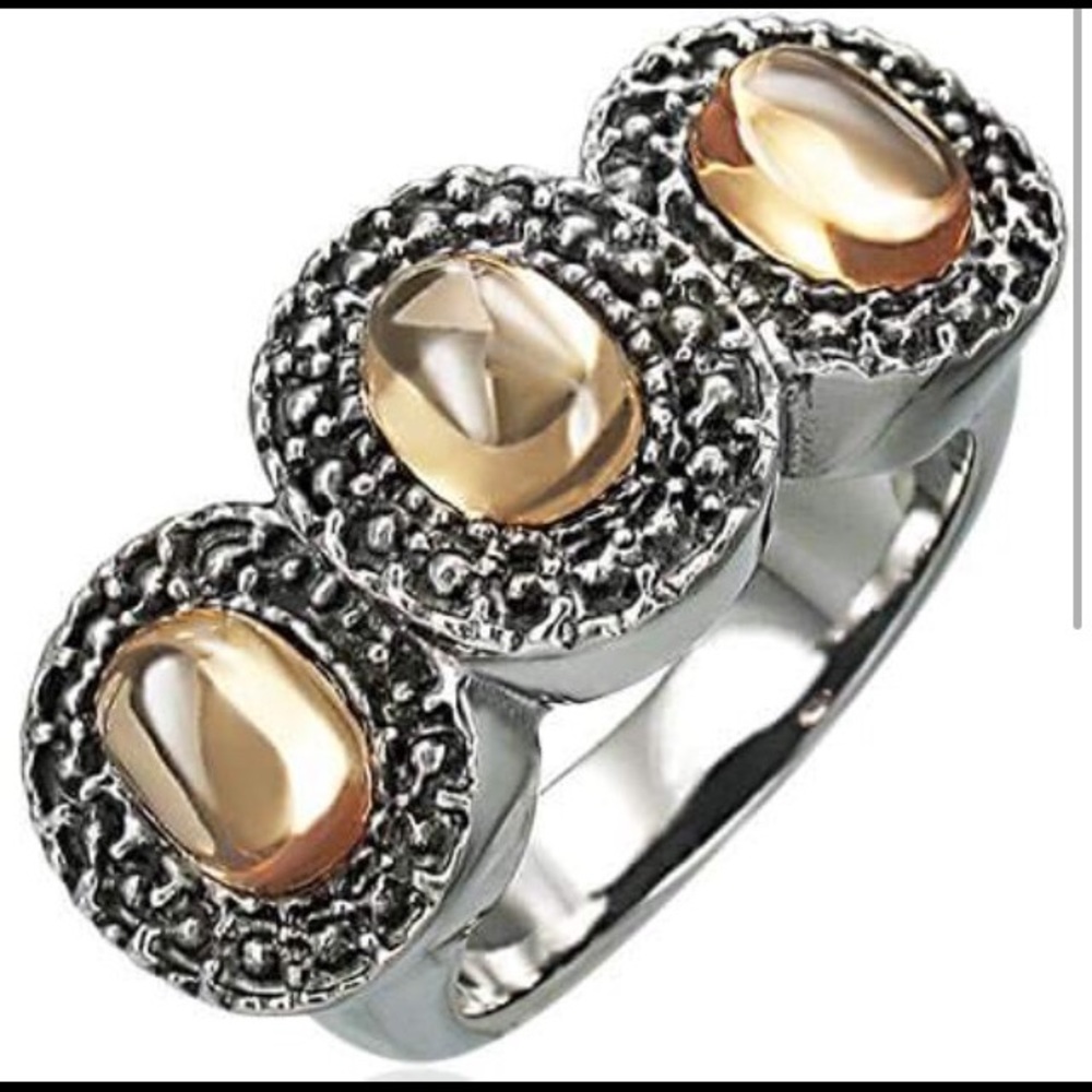 STAINLESS STEEL 3 STONE TOPAZ BEZEL COCKTAIL RING